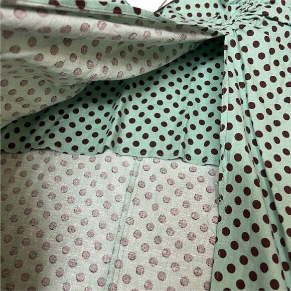 Zara Linen Polka Dot Skirt Midi Slit Ruched Brown Mini Pin Up Summer Rockabilly - Picture 3 of 10